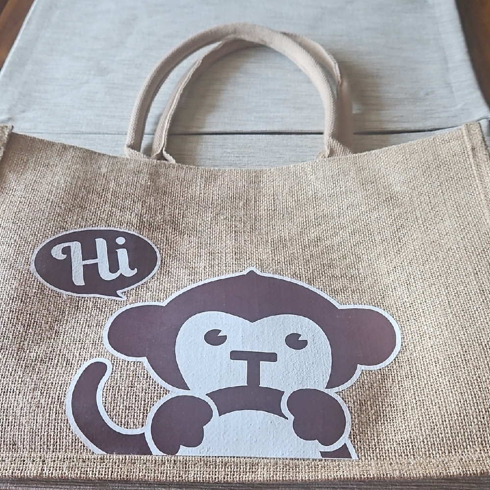 3 For $10 Monkey Print Jute Tote Bag.  New. - Picture 4 of 4